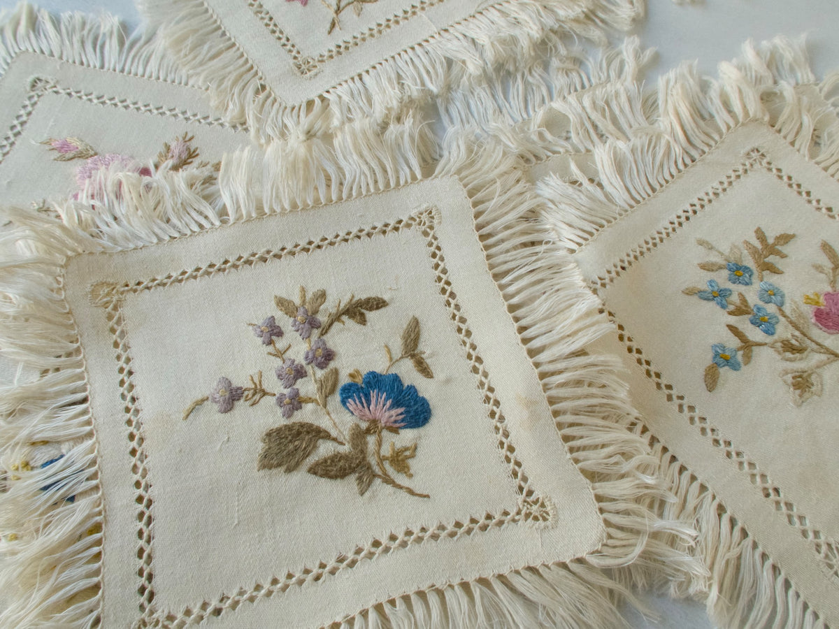 Flowers &amp; Fringe Vintage Embroidered Cocktail Napkins, Set of 12
