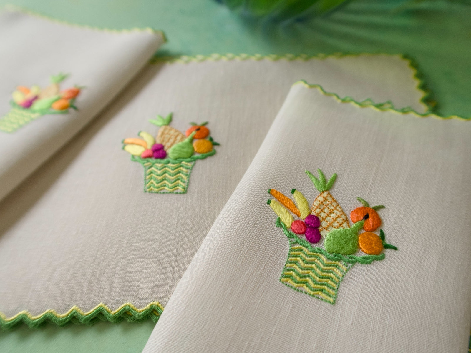 Vintage Marghab Fruit Basket linen cocktail napkins with elaborate scalloped double-edge hem, hand embroidered in Madeira on fine Irish linen​​​​​​​​​​​​​​​​