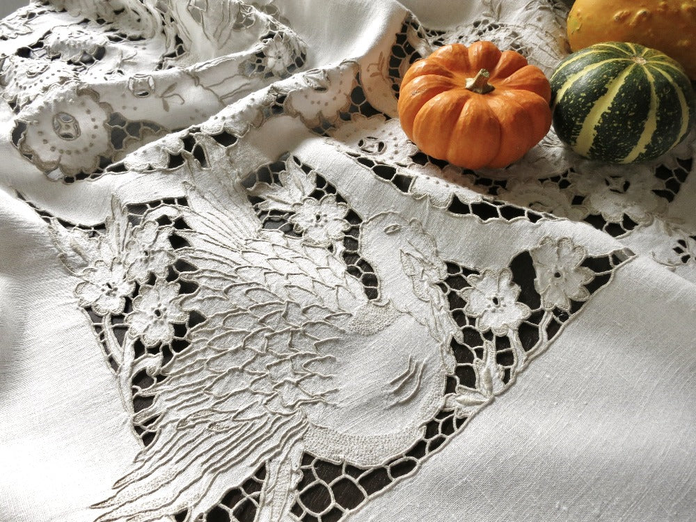 Thanksgiving Turkeys Vintage Madeira Tablecloth &amp; 12 Napkins 66 x102&quot;