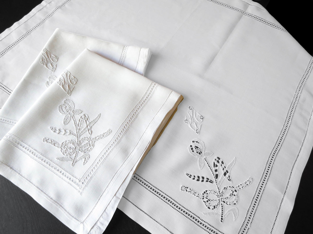 Opulent Vintage French Oversized Table Napkins Linen &amp; Lace, Set of 12