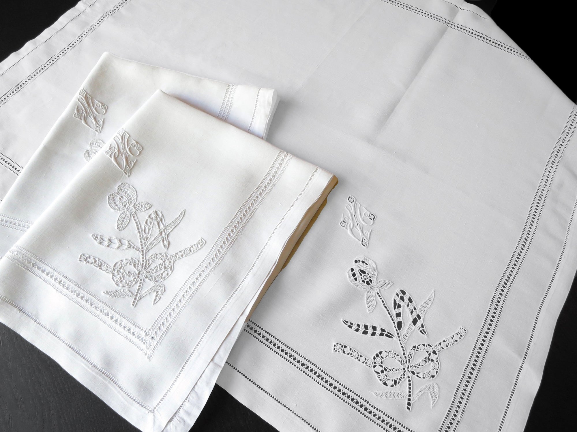 Opulent Vintage French Oversized Table Napkins Linen & Lace, Set of 12