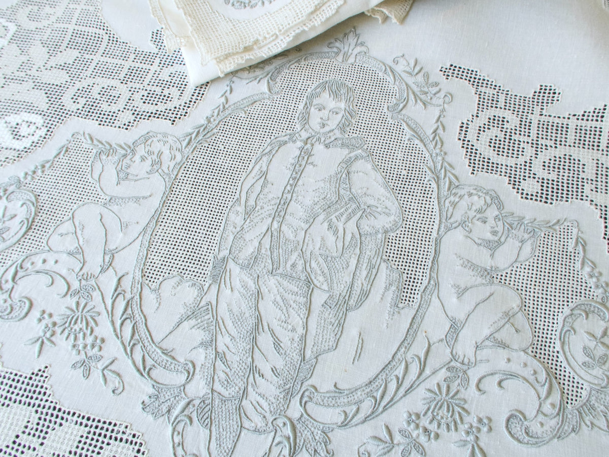 The Blue Boy Gainsborough Vintage Appenzell Tablecloth 72x140, 12 Napkins
