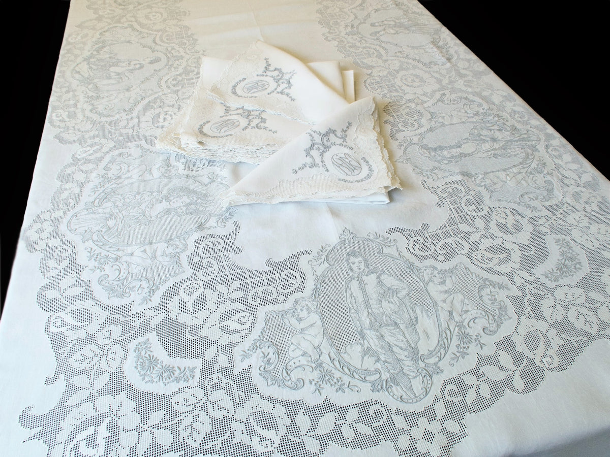 The Blue Boy Gainsborough Vintage Appenzell Tablecloth 72x140, 12 Napkins