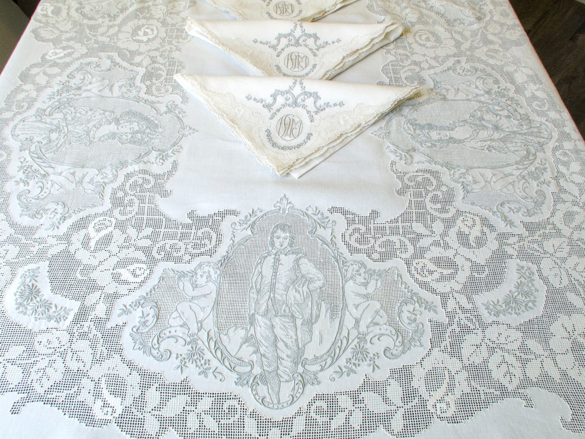 The Blue Boy Gainsborough Vintage Appenzell Tablecloth 72x140, 12 Napkins