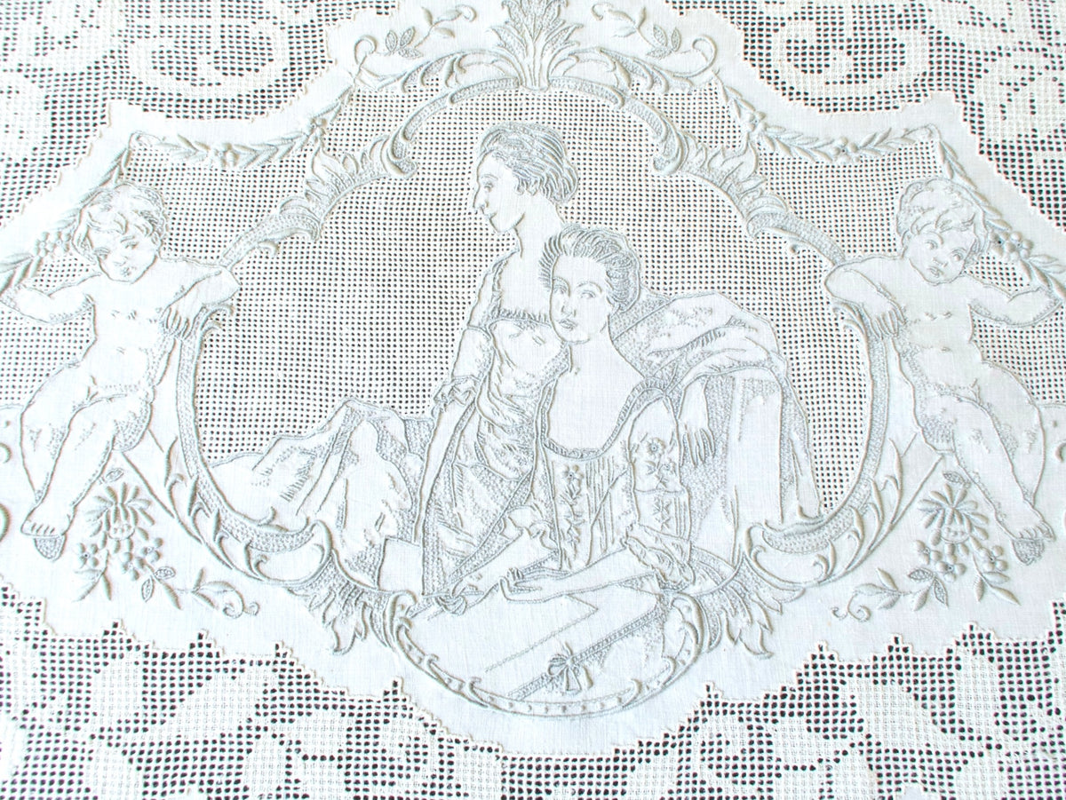 The Artist’s Daughters portrait panel, vintage Swiss Appenzell linen tablecloth, Gainsborough embroidery detail