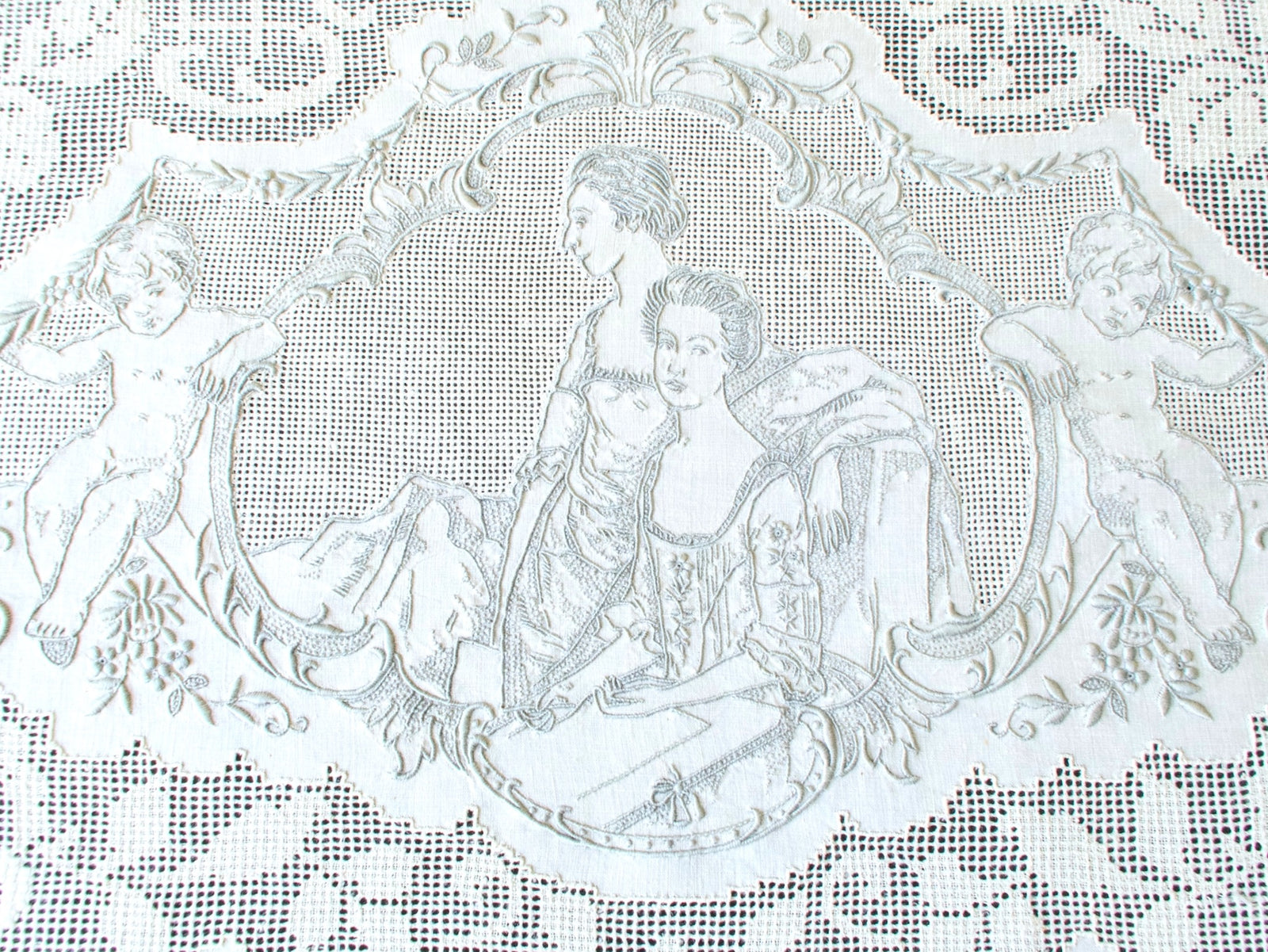 The Artist’s Daughters portrait panel, vintage Swiss Appenzell linen tablecloth, Gainsborough embroidery detail