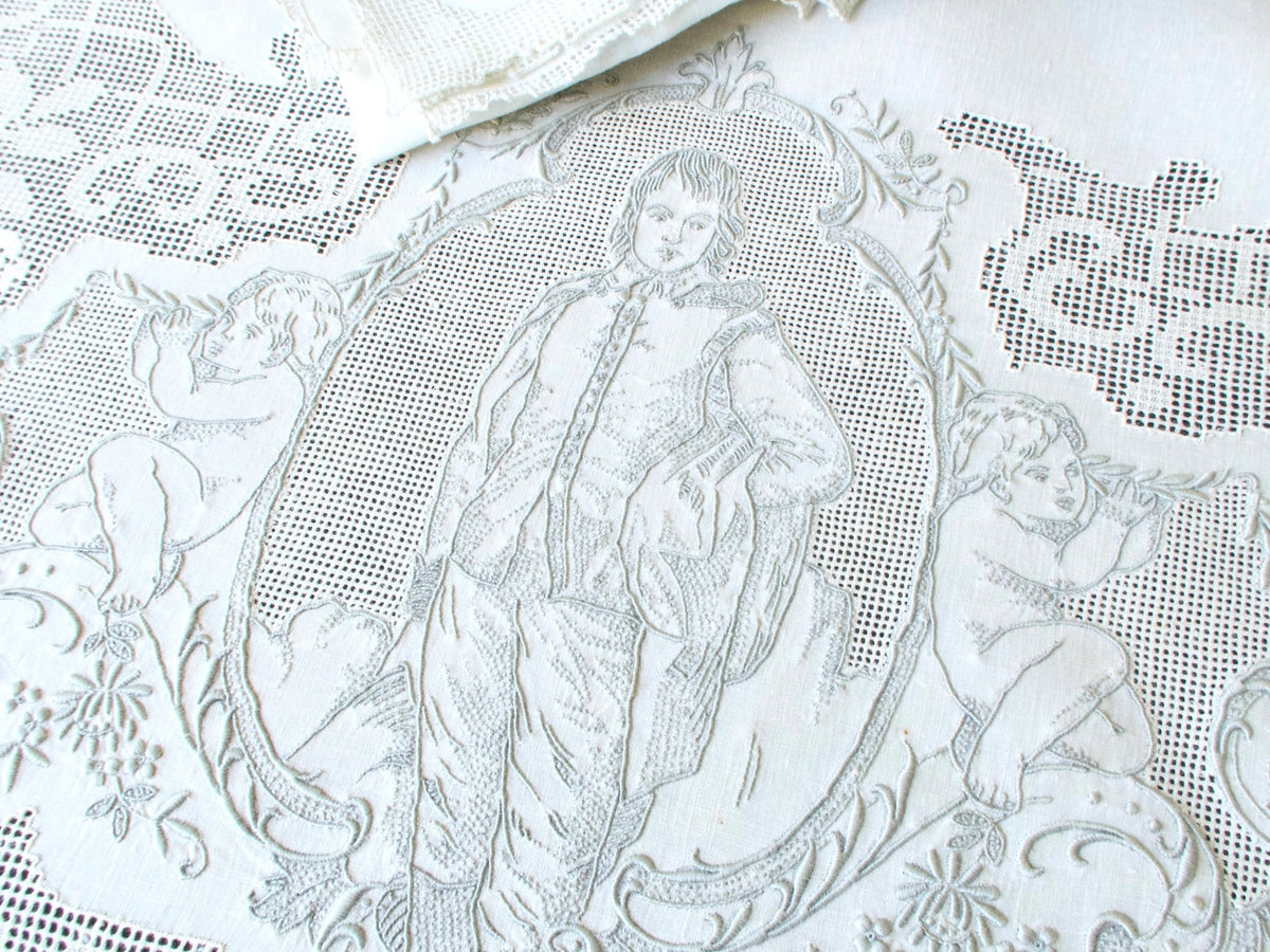 Blue Boy panel, vintage Swiss Appenzell linen tablecloth, Gainsborough portrait embroidery