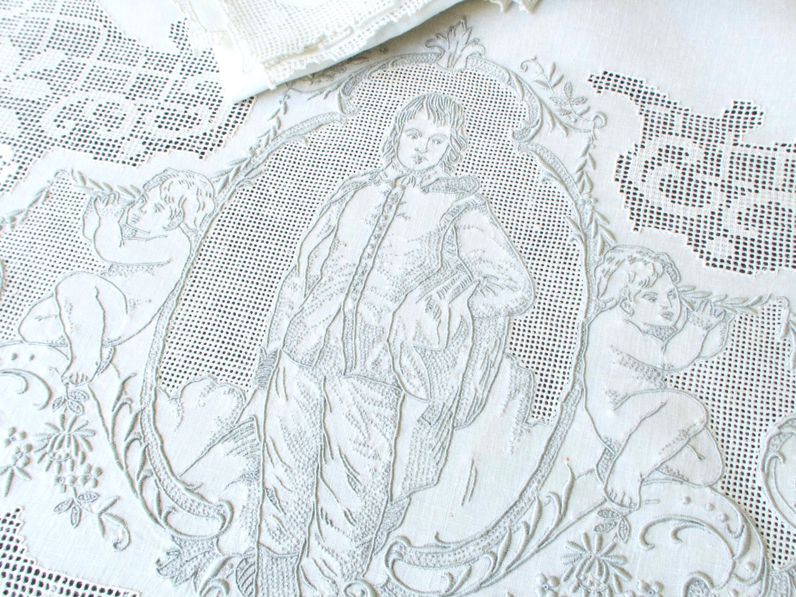 Blue Boy panel, vintage Swiss Appenzell linen tablecloth, Gainsborough portrait embroidery