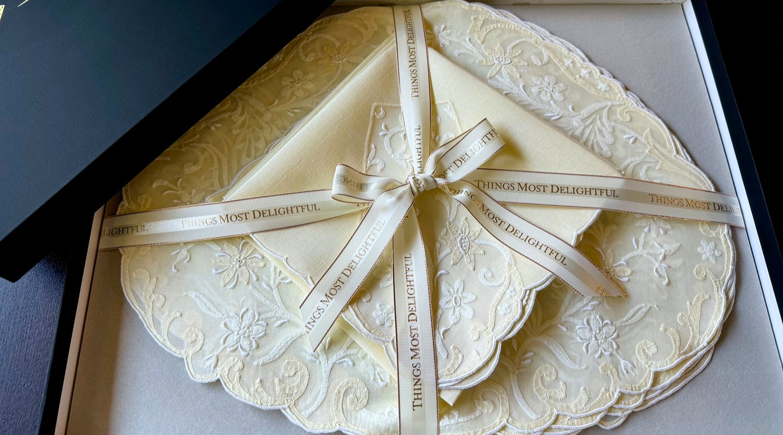 Fine vintage Madeira linen placemat and napkin set, embroidered and presented in a Things Most Delightful gift box with signature ribbon.