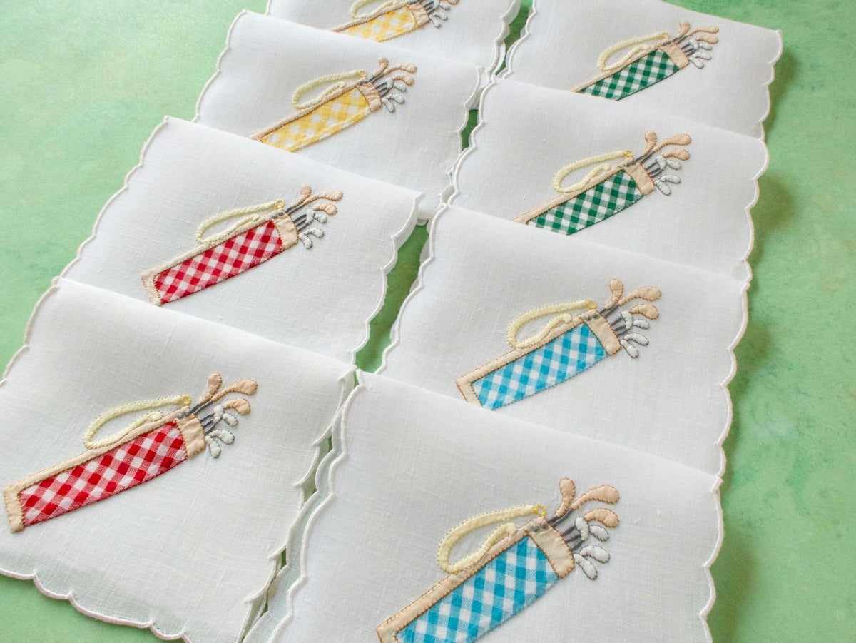 Golf Bags in Plaid Vintage Madeira Cocktail Napkins, Set of 8