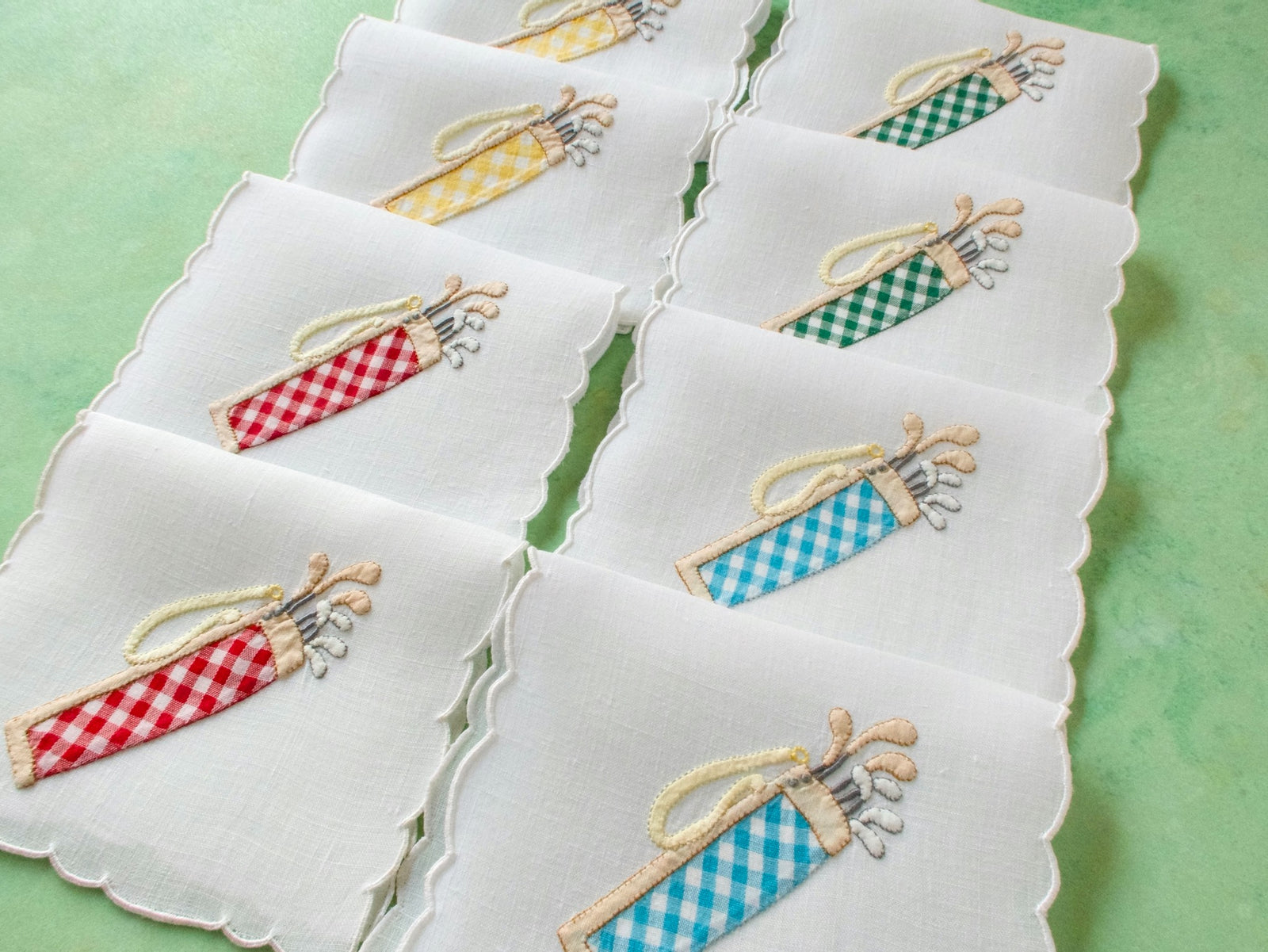 Golf Bags in Plaid Vintage Madeira Cocktail Napkins, Set of 8