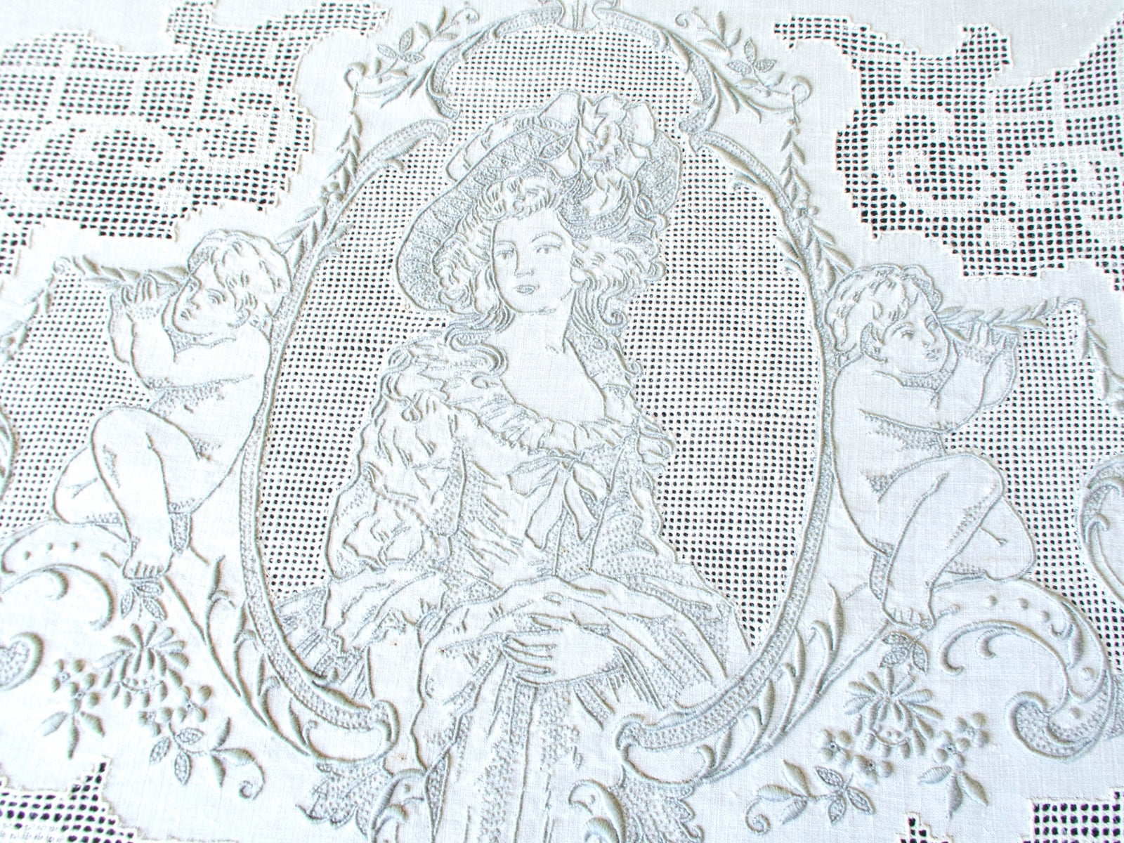  Sophia Charlotte Lady Sheffield portrait panel, vintage Swiss Appenzell linen tablecloth, Gainsborough embroidery detail