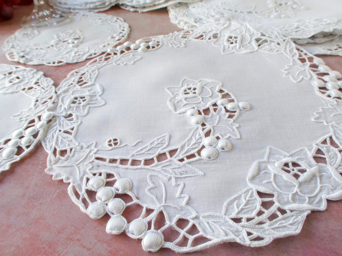 Densely Embroidered Vintage 24pc Round Placemat Tea/Dessert Set for 8