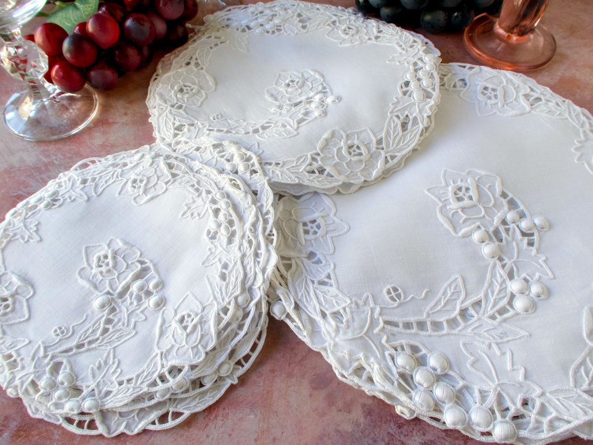 Densely Embroidered Vintage 24pc Round Placemat Tea/Dessert Set for 8