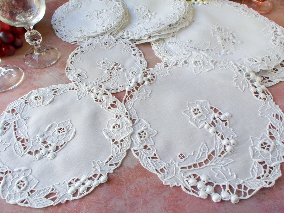 Densely Embroidered Vintage 24pc Round Placemat Tea/Dessert Set for 8
