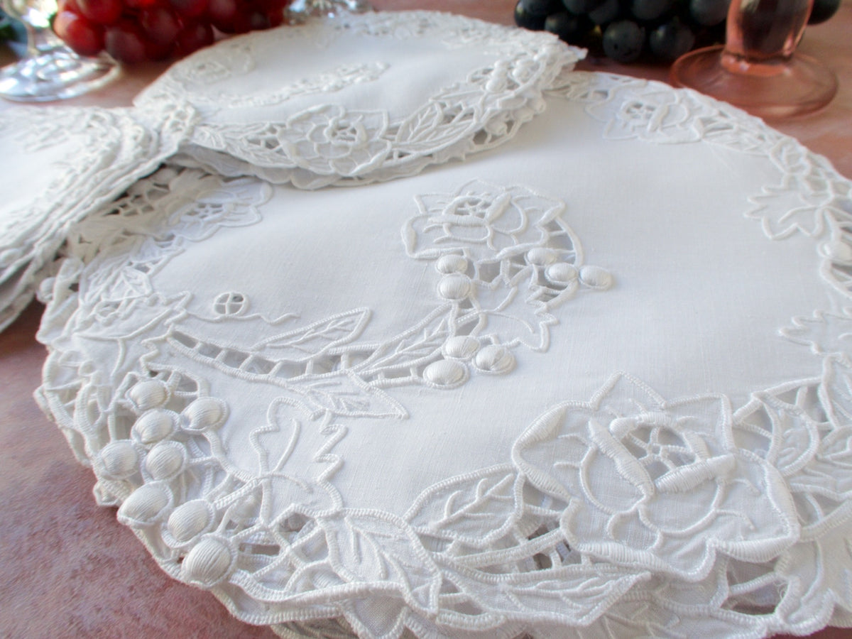 Densely Embroidered Vintage 24pc Round Placemat Tea/Dessert Set for 8