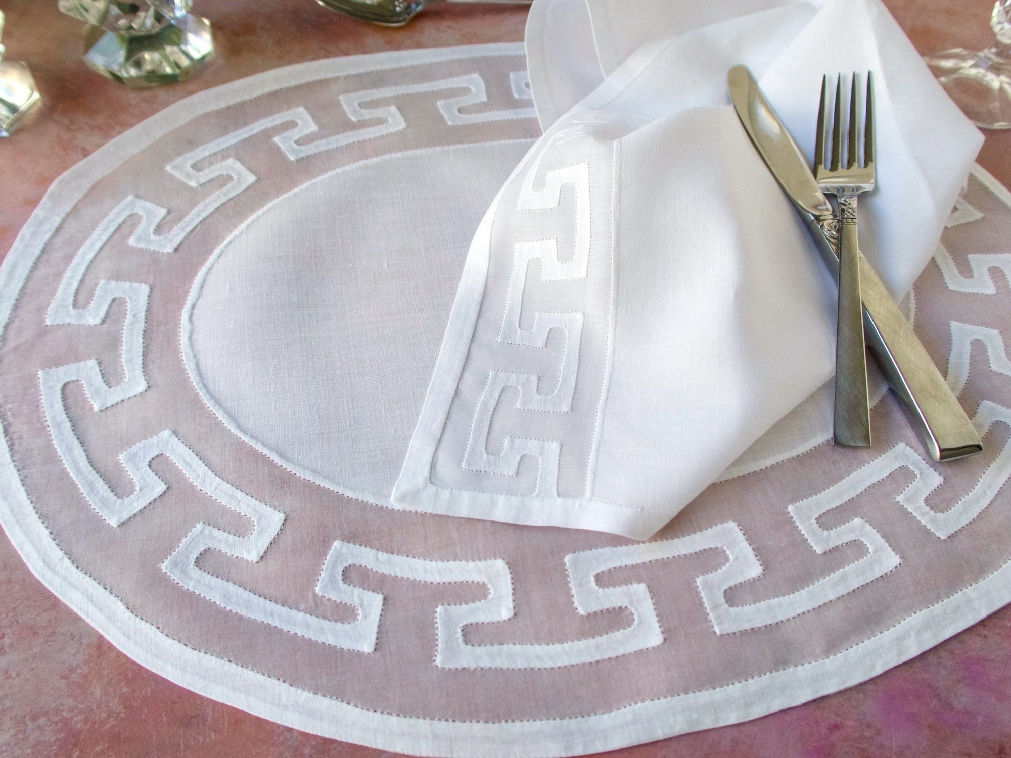 Greek Key Vintage Linen & Organdy 12pc Placemat Set for 6