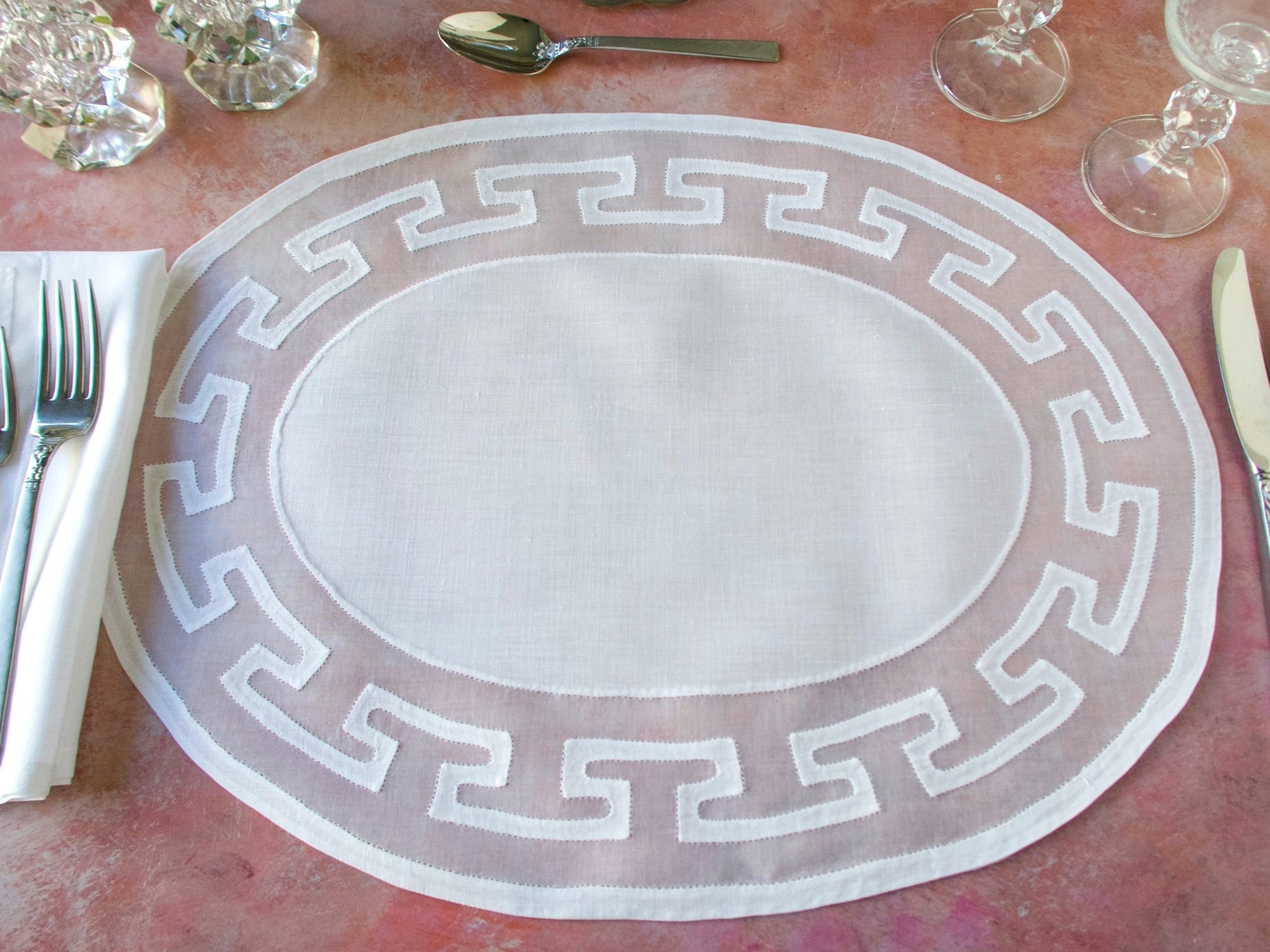 Greek Key Vintage Linen & Organdy 12pc Placemat Set for 6