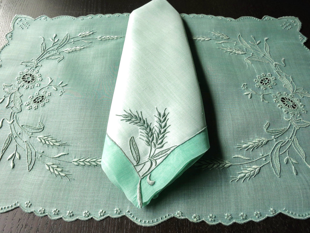 Vintage green organdy placemat with Wheat embroidery, Marghab Madeira workmanship.