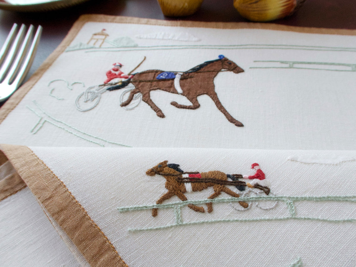 Harness Racing Vintage Madeira Linen 24pc Placemat Set for 12