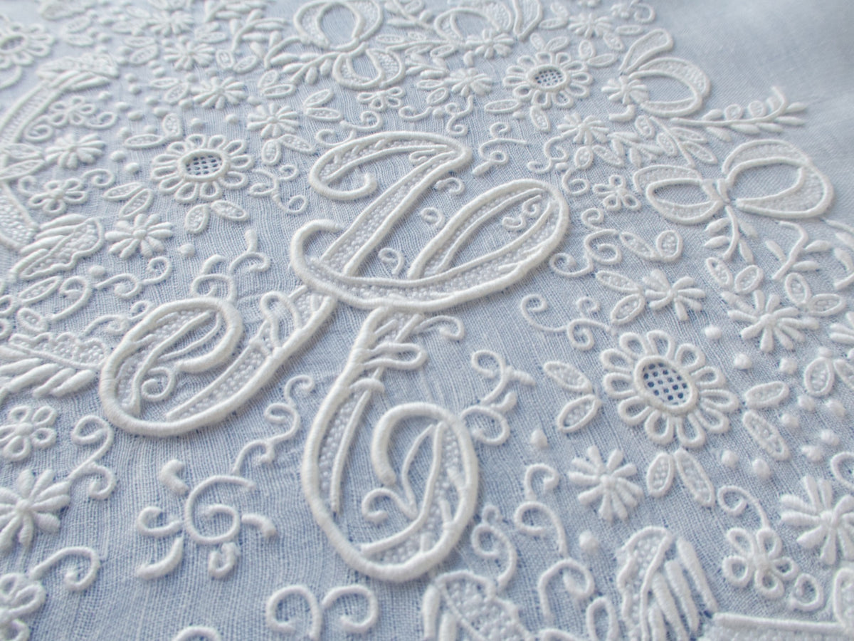 Vintage Madeira &quot;H&quot; Monogram Elaborate Wedding Hanky 16&quot;