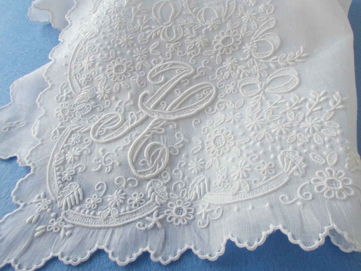 Vintage Madeira &quot;H&quot; Monogram Elaborate Wedding Hanky 16&quot;