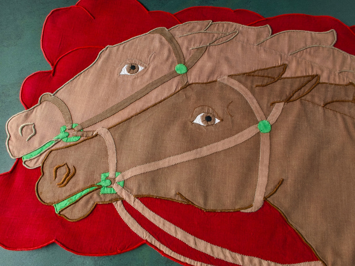 Dramatic horses vintage Madeira embroidered linen placemat