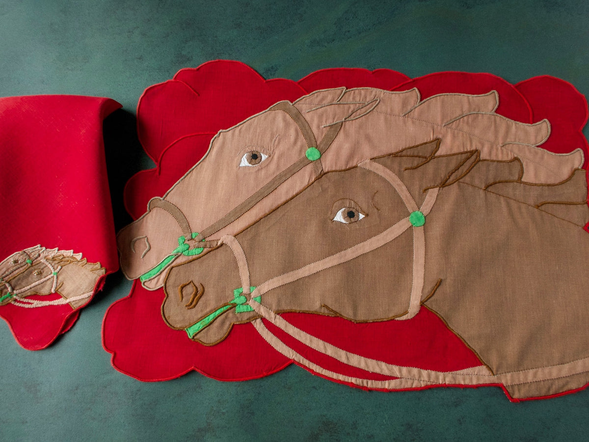Dramatic horses vintage Madeira embroidered linen placemat and napkin