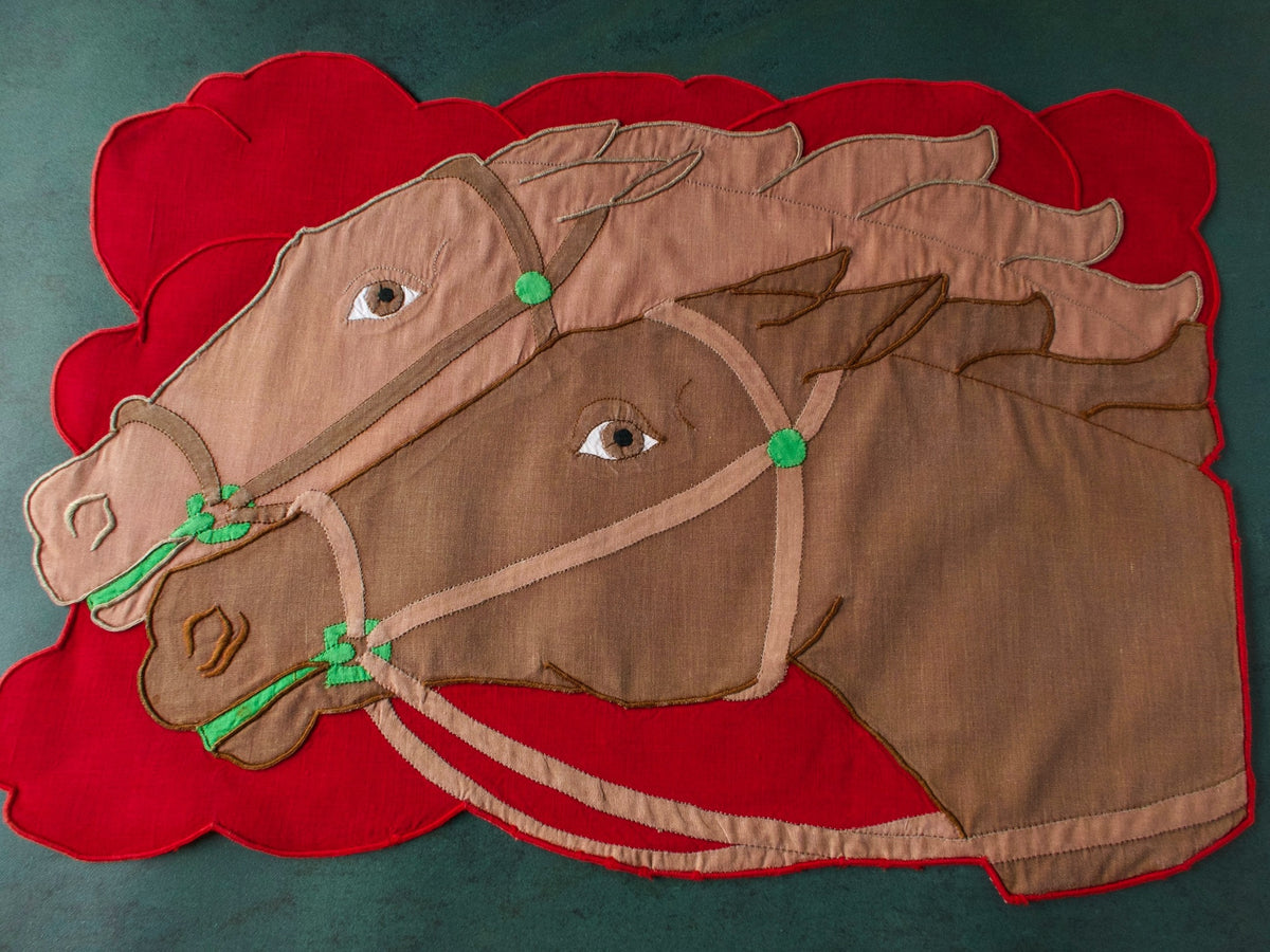 Dramatic horses vintage Madeira embroidered linen placemat