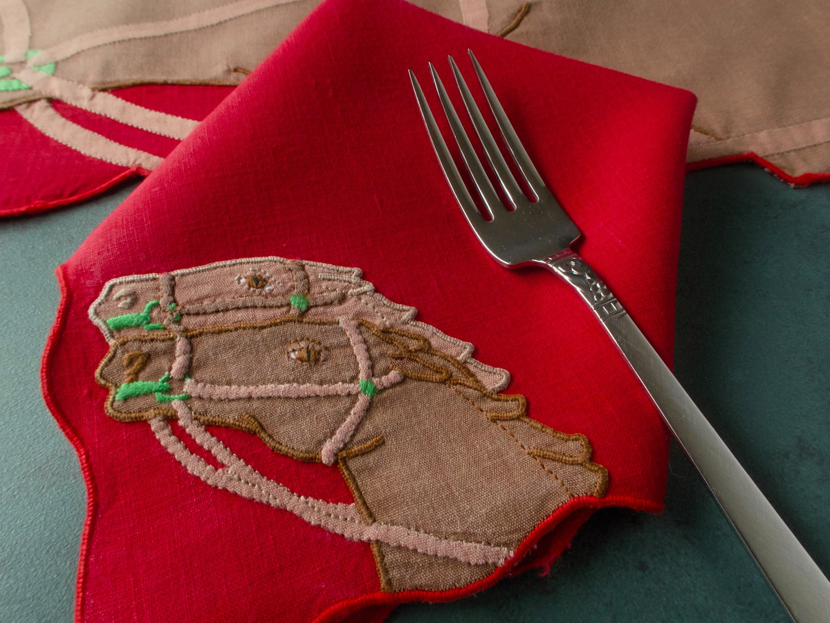 Dramatic horses vintage Madeira embroidered linen napkin