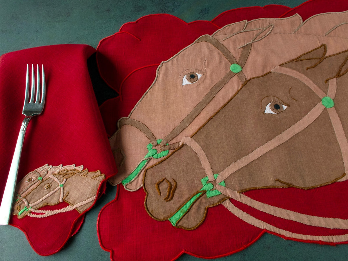 Dramatic horses vintage Madeira embroidered linen placemat and napkin