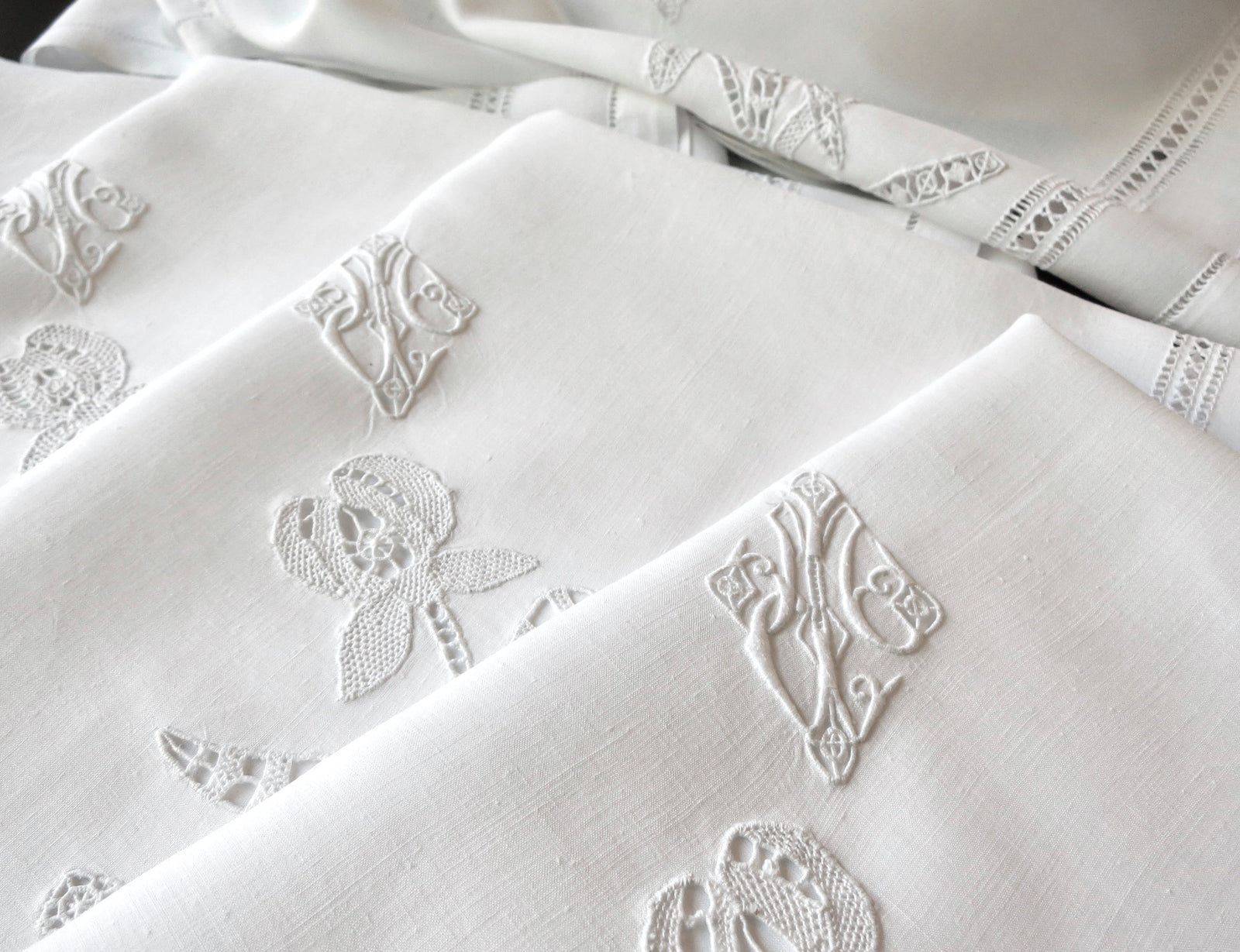 Opulent Vintage French Oversized Table Napkins Linen & Lace, Set of 12