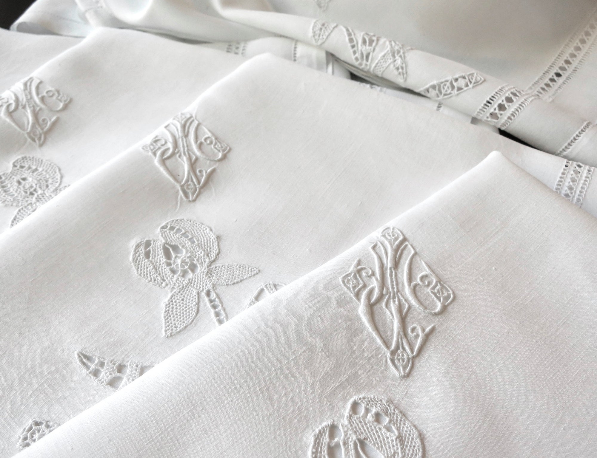 Opulent Vintage French Oversized Table Napkins Linen & Lace, Set of 12