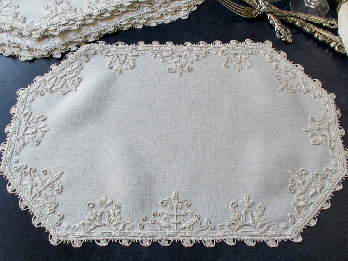 Vintage Italian Embroidered Linen &amp; Lace Placemats, Set of 12