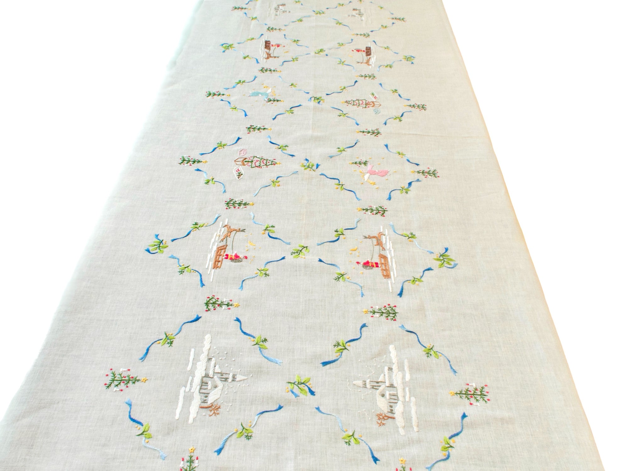 Vintage Christmas tablecloth shown on table 