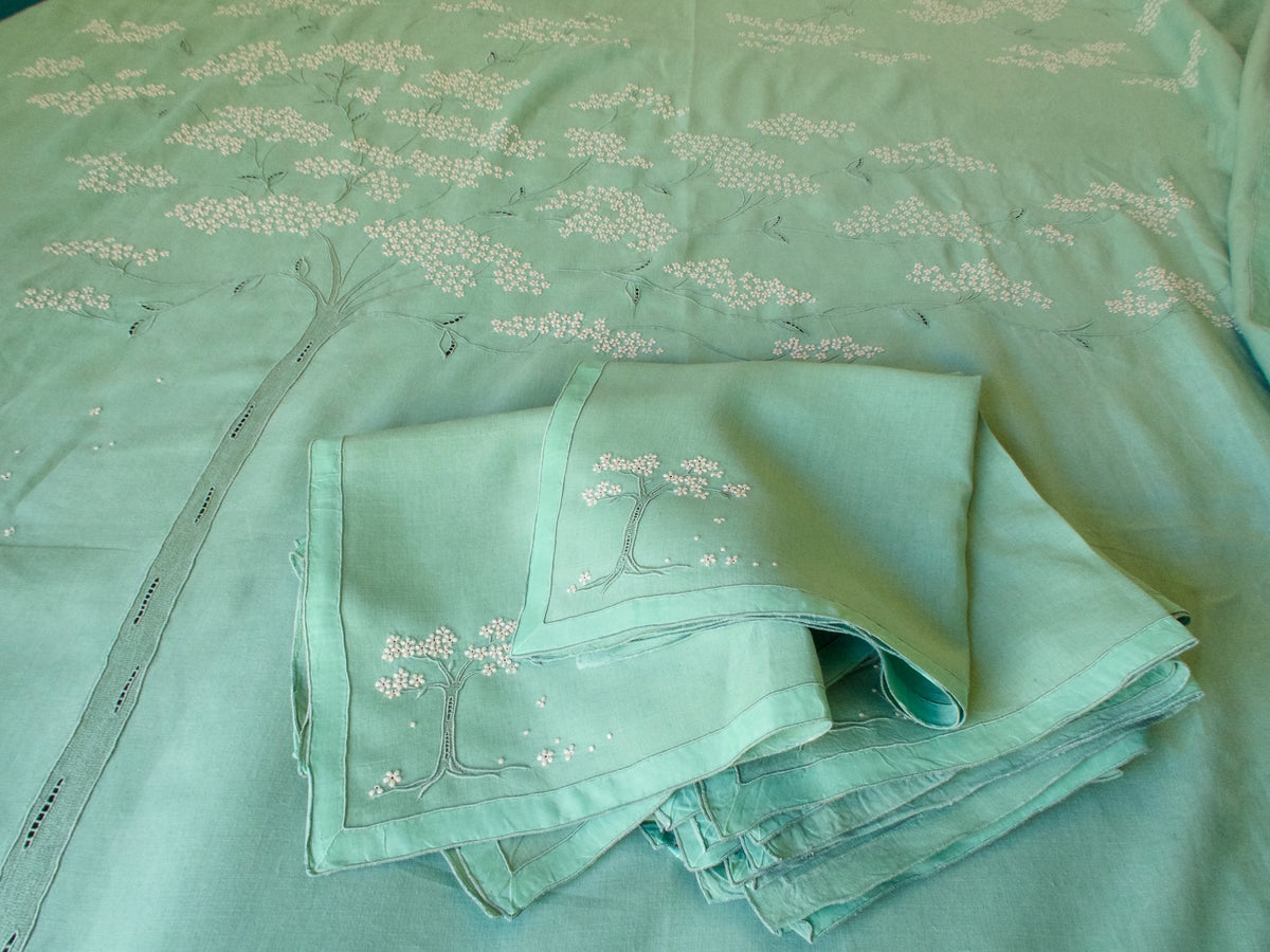 &quot;Jacaranda Tree&quot; in Green Vintage Marghab Tablecloth &amp; 12 Napkins - 70&quot; x 110&quot;