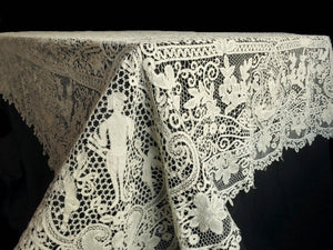 Cherubs, Dancers & Deer Antique Bobbin Lace Tablecloth 64x132"