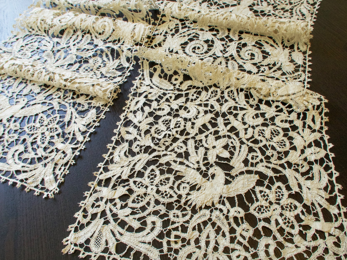 Antique Bobbin Lace Runner with Birds &amp; Creatures 10x140&quot;