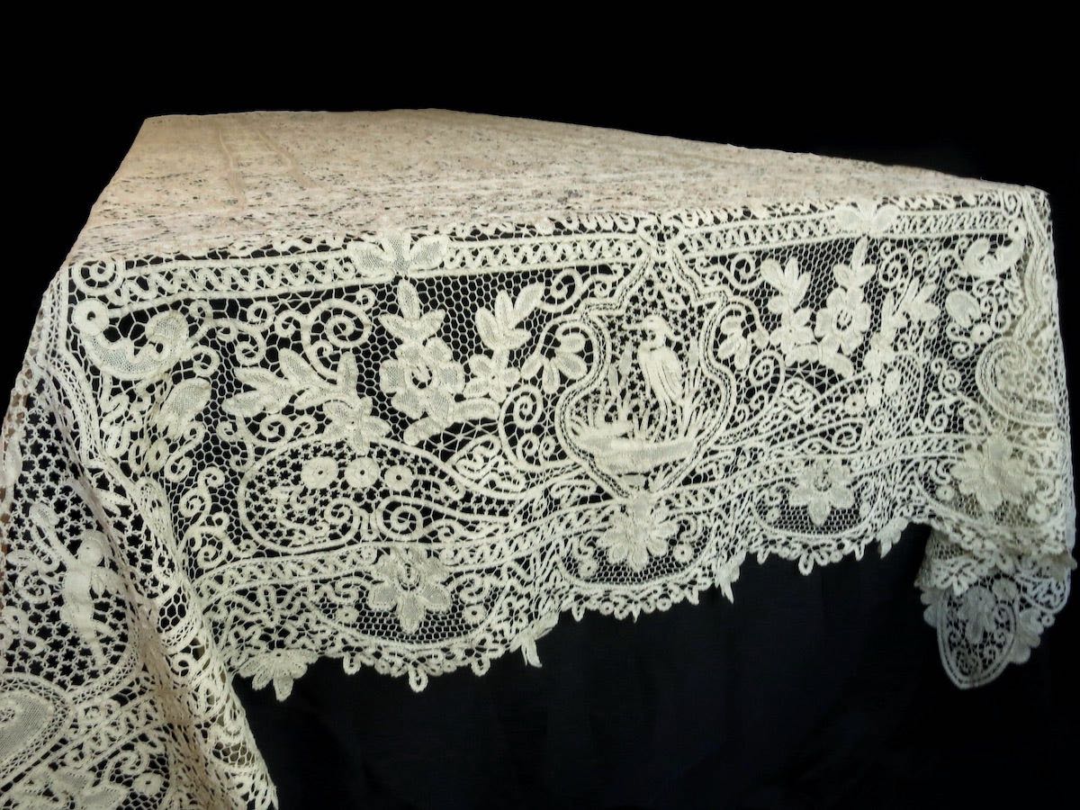 Cherubs, Dancers &amp; Deer Antique Bobbin Lace Tablecloth 64x132&quot;