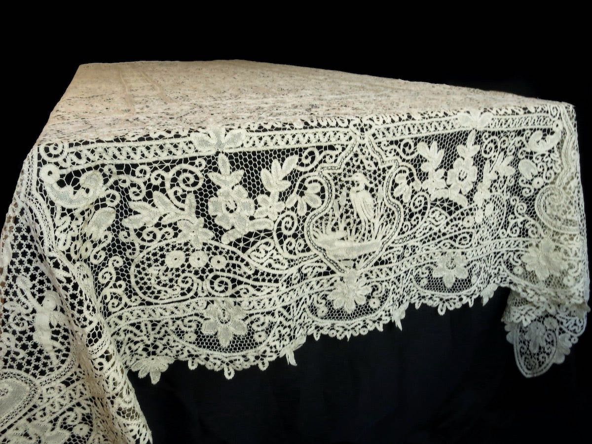 Cherubs, Dancers & Deer Antique Bobbin Lace Tablecloth 64x132"