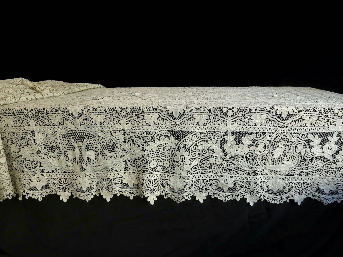 Cherubs, Dancers & Deer Antique Bobbin Lace Tablecloth 64x132"