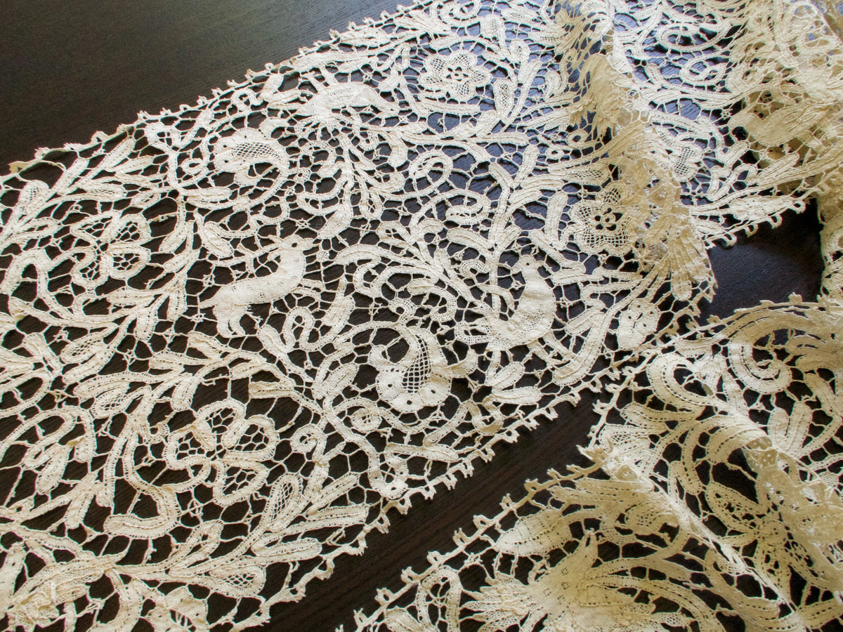 Antique Bobbin Lace Runner with Birds &amp; Creatures 10x140&quot;