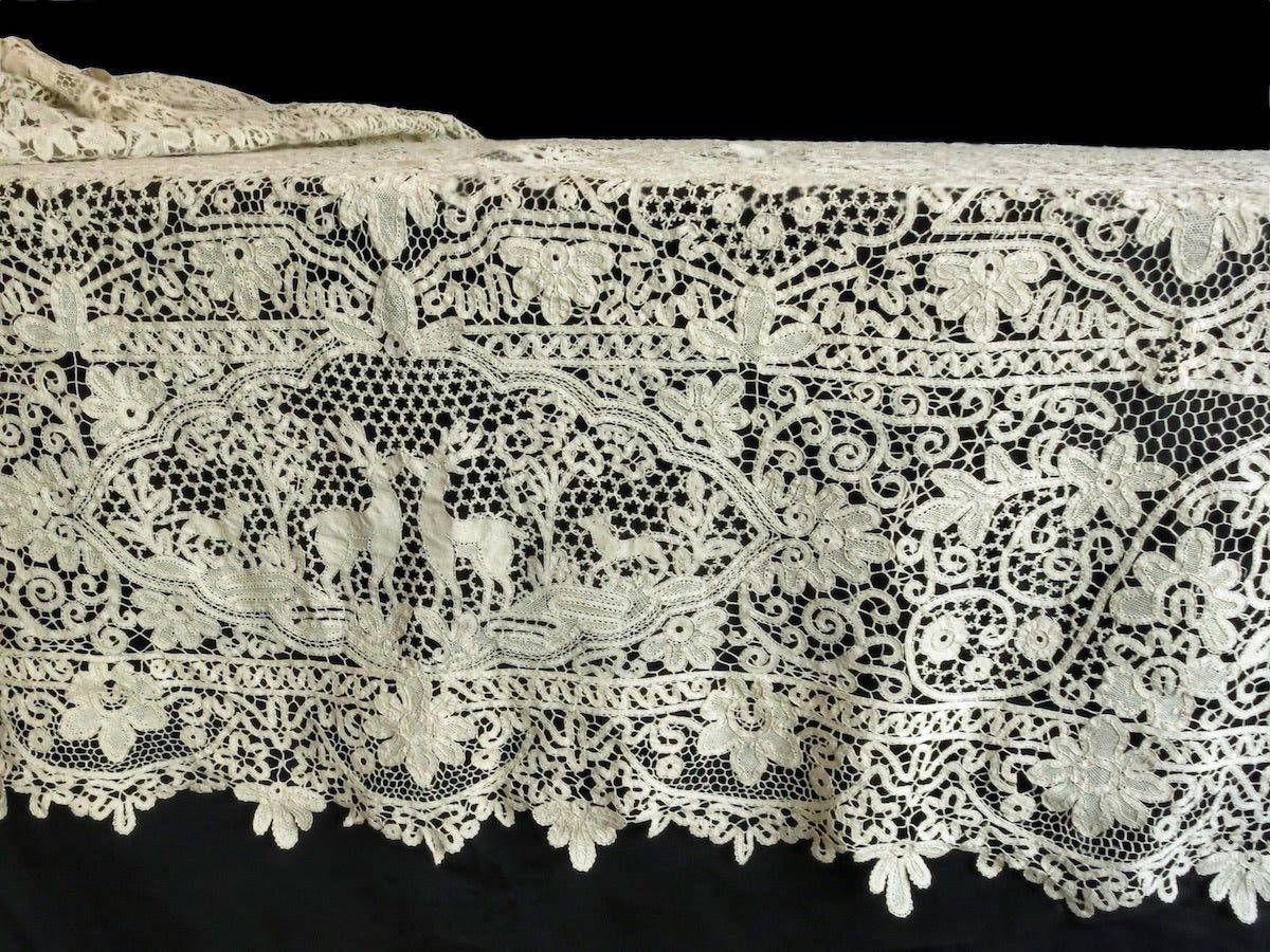 Cherubs, Dancers &amp; Deer Antique Bobbin Lace Tablecloth 64x132&quot;