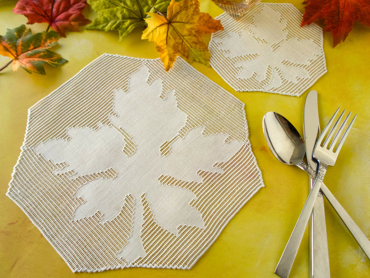 Leaves in Drawnwork Vintage Italian Linen 24pc Placemat Set for 12
