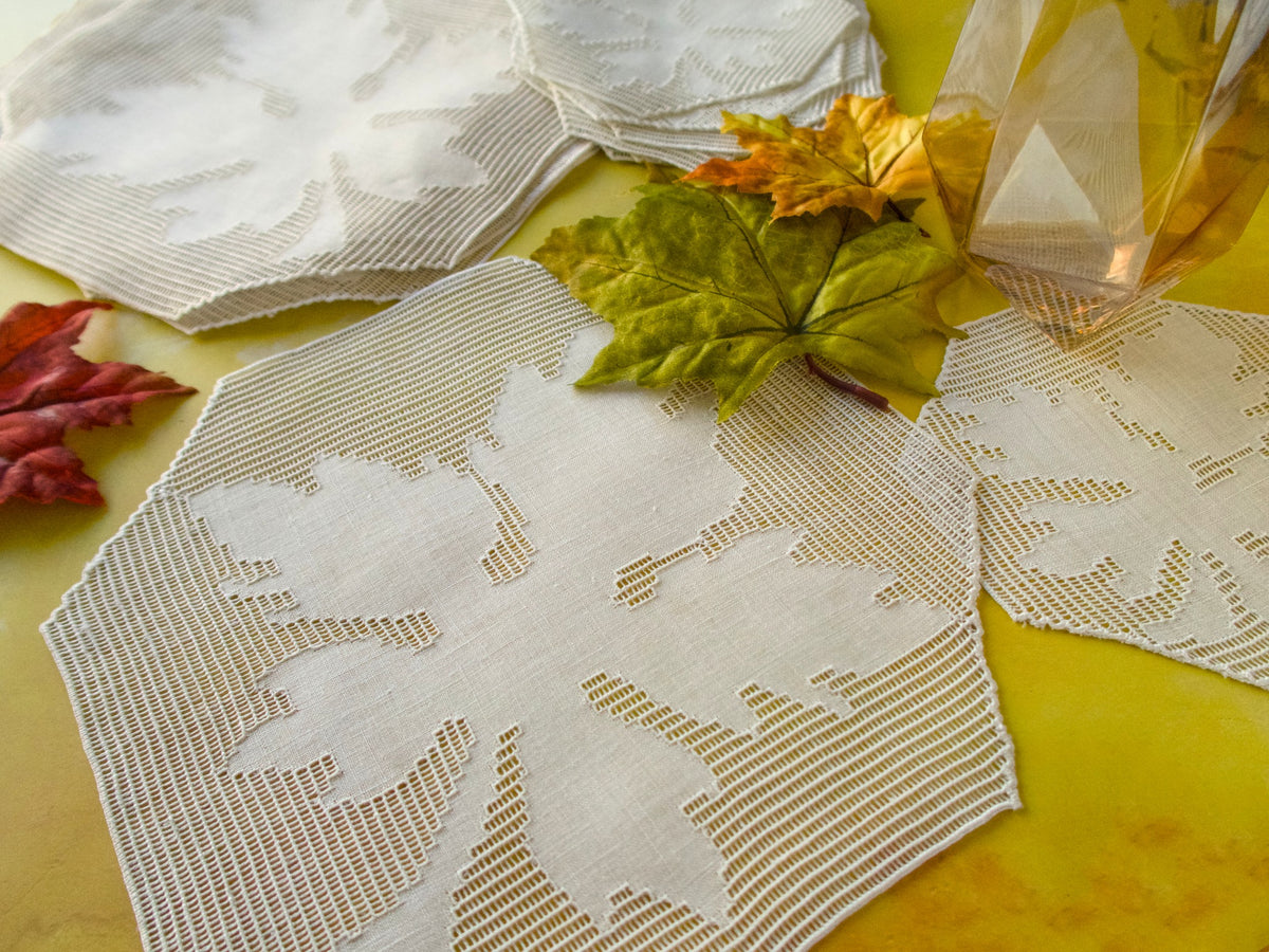 Leaves in Drawnwork Vintage Italian Linen 24pc Placemat Set for 12