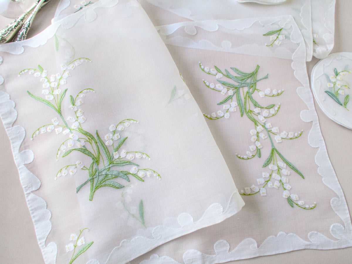 Full view of vintage Madeira Lily of the Valley organdy table runner with shadow work embroidery and repliqué edges.