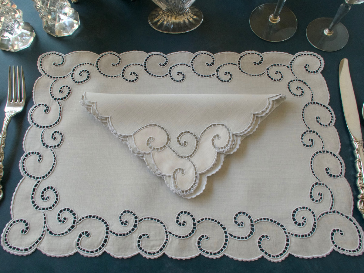 &quot;Open Scroll&quot; Vintage Marghab 12pc Linen Placemat Set for 6