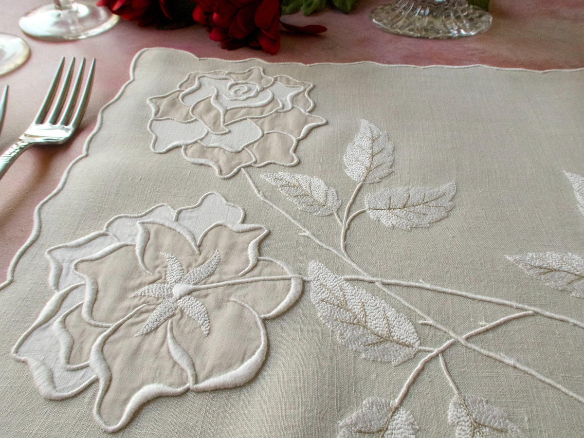 &quot;Rose&quot; Vintage Marghab Madeira 16pc Linen Placemat Set for 8