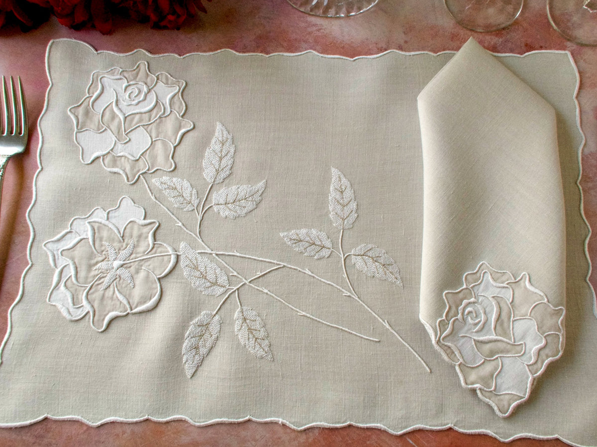 &quot;Rose&quot; Vintage Marghab Madeira 16pc Linen Placemat Set for 8