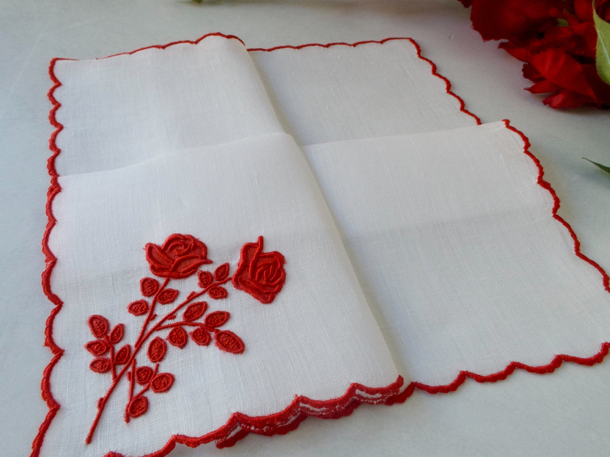 &quot;Rose&quot; in Red Vintage Marghab Madeira Hanky 10.5&quot;